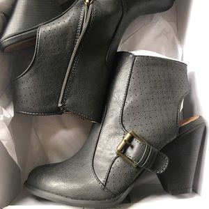 Brand new charcoal Momo open heel booties in box